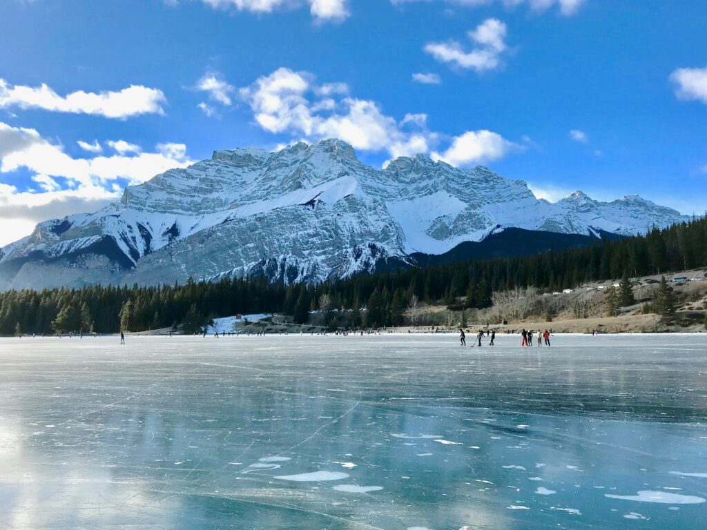 people ice skating on Two Jack Lake in Banff